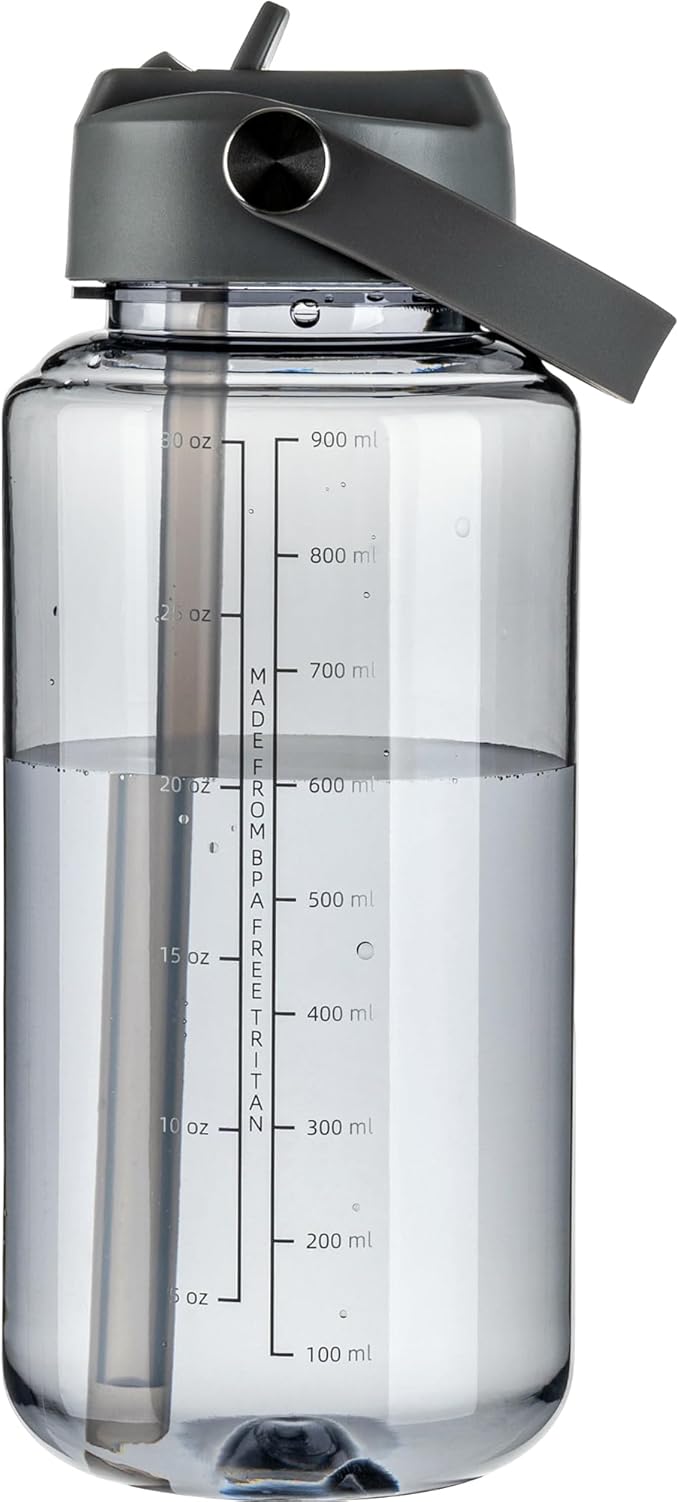 OLDLEY 32 oz Clear Water Bottle with Straw,Tritan BPA-Free, Wide Mouth, Leak Proof - for Gym, Travel, Home, School, Office (Grey)