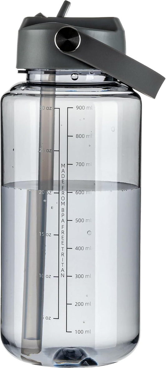 OLDLEY 32 oz Clear Water Bottle with Straw,Tritan BPA-Free, Wide Mouth, Leak Proof - for Gym, Travel, Home, School, Office (Grey)