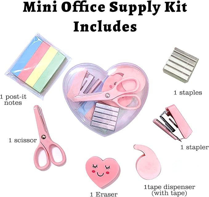6 Pack Mini Office Supply Kits Mini School Supplies – Includes Mini Stapler,Scissors, Note Paper, Eraser, Tape Dispenser (Heart)