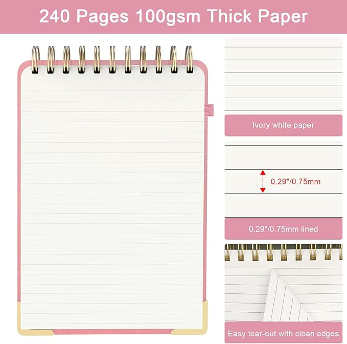 A5 Top Spiral Notebook, Large Leather Hardcover Top Bound Steno Pads, 240 Pages 100 gsm Thick Lined Paper Left Handed Notebook Journal for Work, School, Meeting Writing - Pink, 5.9" x 8.5"