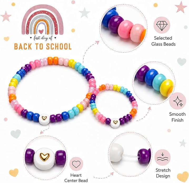 Back to School Bracelets Heart Matching Mommy and Me Elastic Wish Strings Bead Bracelets First Day of School Supplies Gifts