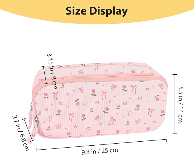 FINPAC Pencil Case, Corduroy Triangle Makeup Bag, Kawaii Pen Bag Pouch Holder Box Organize for Study, Office, or Travel (Pink Rose Bow 2)