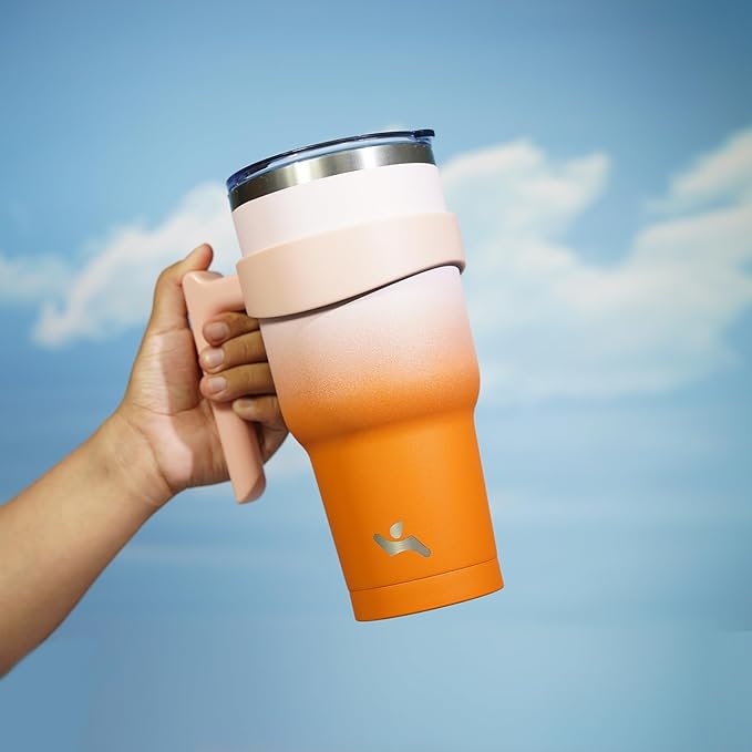 Konokyo 30 oz Tumbler with Handle and 2 Straw 2 Lid, Insulated Water Bottle Stainless Steel Vacuum Cup Reusable Travel Mug,Coral