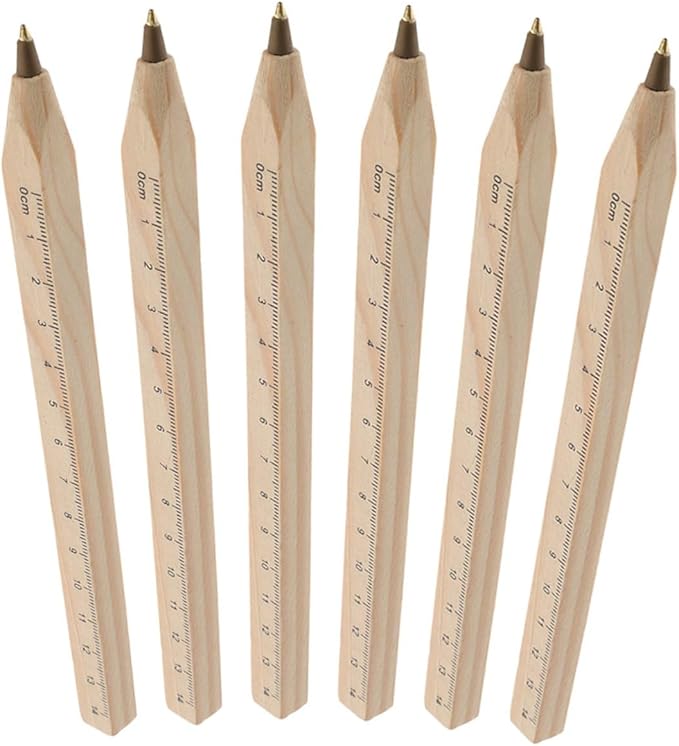 6pcs Natural Wood Black Ballpoint Pens with Printed Ruler, Biodegradable Carpenter Woodwork Pens for Industrial Drawing and Office Use