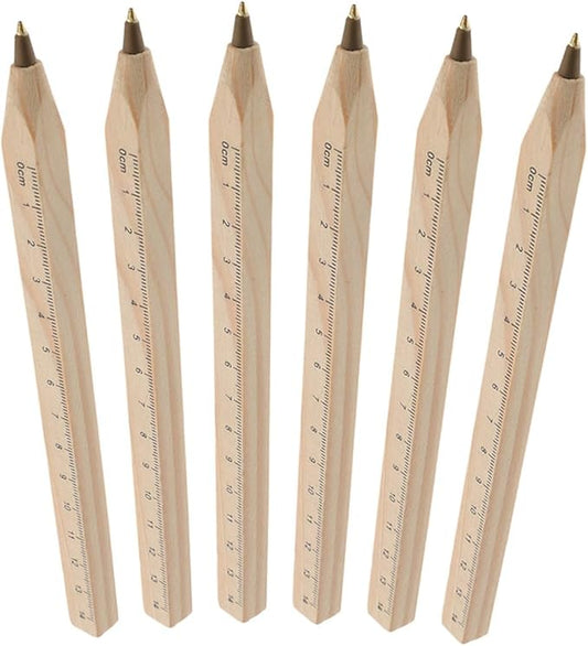 6pcs Natural Wood Black Ballpoint Pens with Printed Ruler, Biodegradable Carpenter Woodwork Pens for Industrial Drawing and Office Use