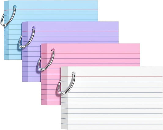 Index Cards 4x6 Inches, 200 PCS, Colored Flash Cards With Ring, Punched Lined Study Card Ruled Flashcards Notecards, Ruled Front And Blank Back, Note Card for School, College And Home