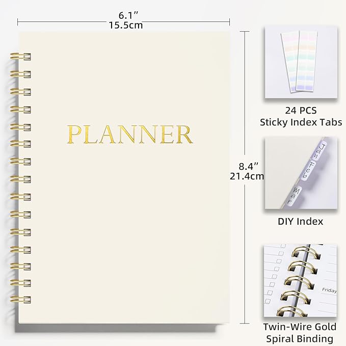Undated Weekly and Monthly Planner Spiral Bound- Weekly Goals Notebook, To Do List, Habit Tracker Journal, Academic, Aesthetic, Stylish School or Office Supplies (6.1" x 8.4" - Cream)