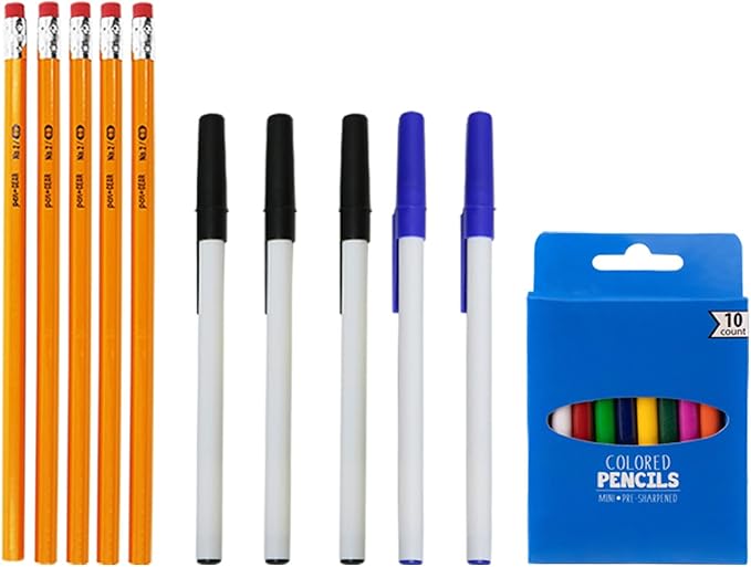 Moda West 50 Piece Bulk School Supplies Kits - Pens, Pencils, Crayons, and More - Value Pack of 12 Kits - Essential Box of School Supplies for Elementary, Middle, and High School Students