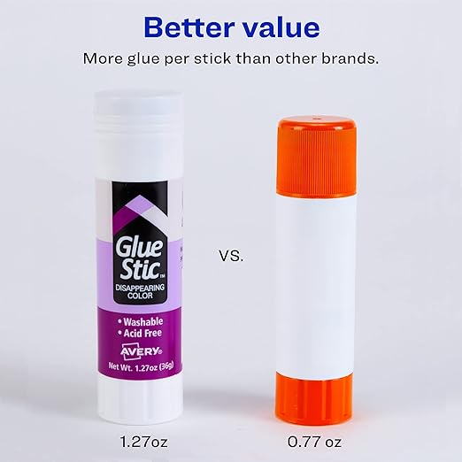 Avery Glue Stic, Disappearing Purple, Washable, 1.27oz, 6 Glue Sticks (98071)
