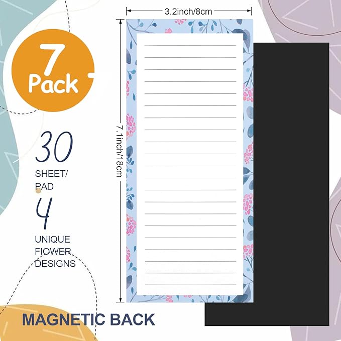 AZUREAL 7 Pack Magnetic Notepads for Refrigerator, Grocery List Magnet Pad for Fridge, Flower Design Magnetic Grocery List Pad for Fridge, To-Do Memos, List, 30 Sheets Per Note Pads
