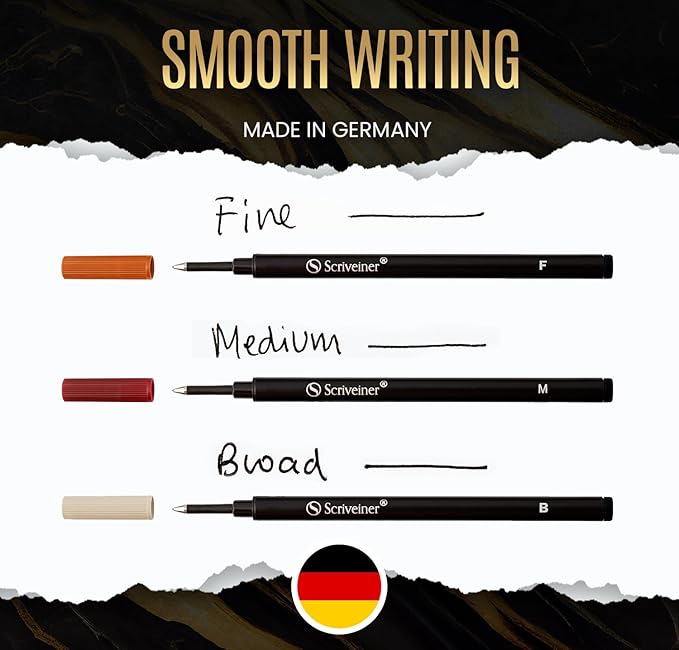 Scriveiner Rollerball Refill Black Fine - 4 Rollerball Refills Designed for Scriveiner Pens - Safety Ceramic Non Dry Roller Pen Refill F - Schmidt 888 Size – Made in Germany
