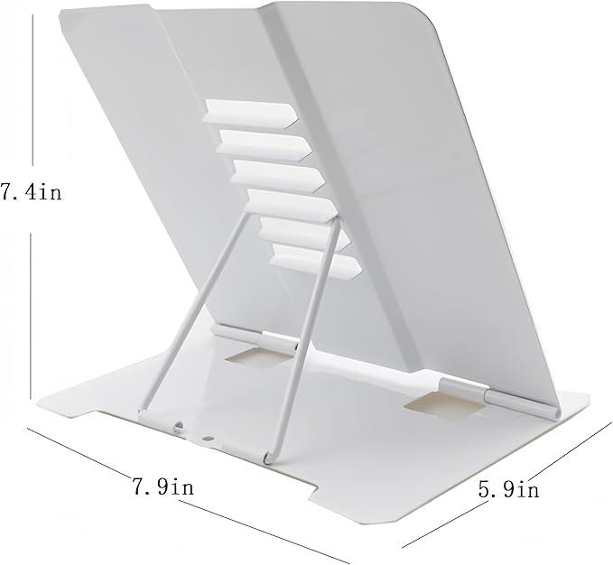 Azheeujy Metal Book Stand Folding Reading Book Holder with 6 Adjustable Angles and Paper Page Clip,Sturdy Desktop Book Holder for Cookbook,Magazine,Textbooks,Document,Music Book,Laptop,Tablet (White)