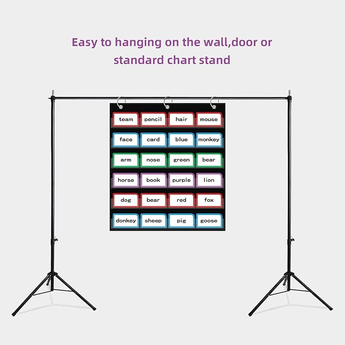 ANCOMEDO 20”W x 25”H Classroom Words Pocket Chart with 6 Clear Pockets, Black Standard Pocket Chart for Classroom and Home for Sentence Strips, Reusable Clear Pocket Hanging Words Chart (Black)