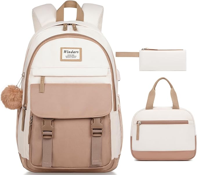 WINDARS School Backpack with Lunch Box for Teen Girls, Cute College Backpacks for Women Students Aesthetic Bookbag Large 15.6 Inch Laptop Bag Middle School Travel Back Pack (Khaki Beige-3 Pcs)