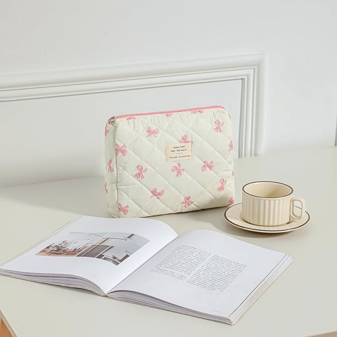 uekeboag Large Travel Quilted Makeup Bag for Women | Soft Floral Cotton Cosmetic Bag, Foldable Coquette Aesthetic Toiletry Organizer