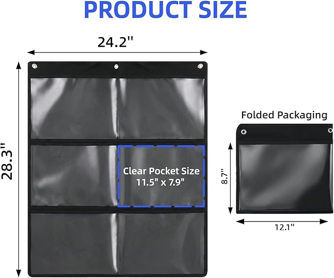Cididu 2 Pack Pocket Chart for Classroom, Hanging Wall File Organizer with 6 Pocket, 28.3 x 24.2 In, Black Paper Storage for Cards, Drawing, Pictures, Art Display, Office, School