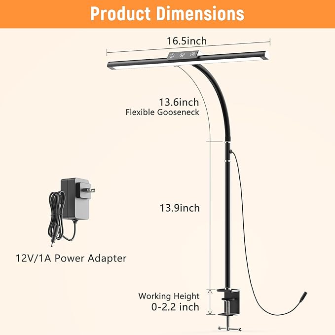 LED Desk Lamp for Home Office, Flexible Gooseneck Desk Lamp with Clamp, 5 Color Touch Control Stepless Dimming Adjustable Eye-Caring Desk Light with Adapter for Reading, Drafting, Study, Workbench