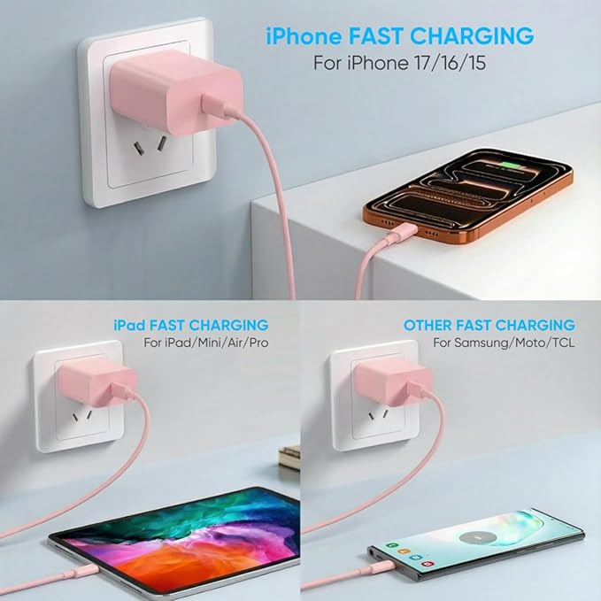 iPhone 17 16 15 Charger Fast Charging 6FT+10FT Cable, 20W USB C Charger, USBC Wall Charger for i Phone 17 Air 16 16e/16 Pro/16 Pro Max/15/15 Plus/15 Pro/15 Pro Max,i Phone iPad Pro/Mini (Pink)