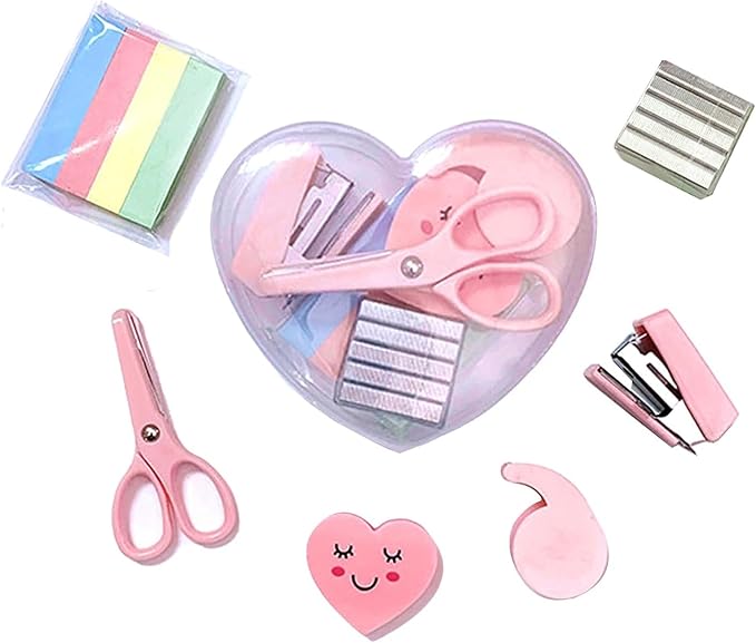 6 Pack Mini Office Supply Kits Mini School Supplies – Includes Mini Stapler,Scissors, Note Paper, Eraser, Tape Dispenser (Heart)