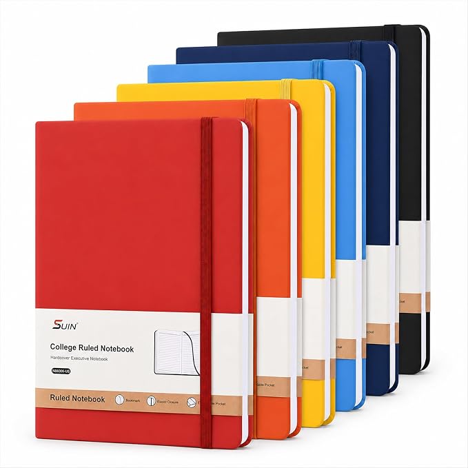 SUIN 6 Pack A5 Hardcover Lined Journal Notebooks, 6 Colors, 200 Pages Each