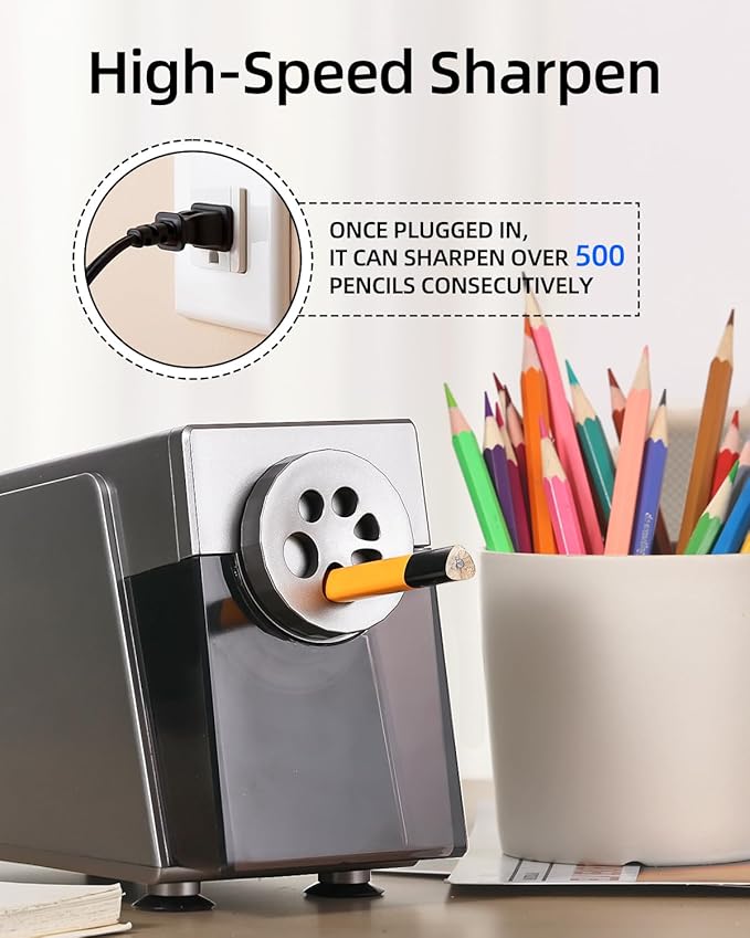 ZMOL Electric Pencil Sharpener for Classroom, Heavy Duty，6 Holes, Stronger Helical Blade, Auto Stop, Plug in, Suitable for 6-12mm No.2/Colored Pencils, Teachers,School & Home Silver US Plug Only