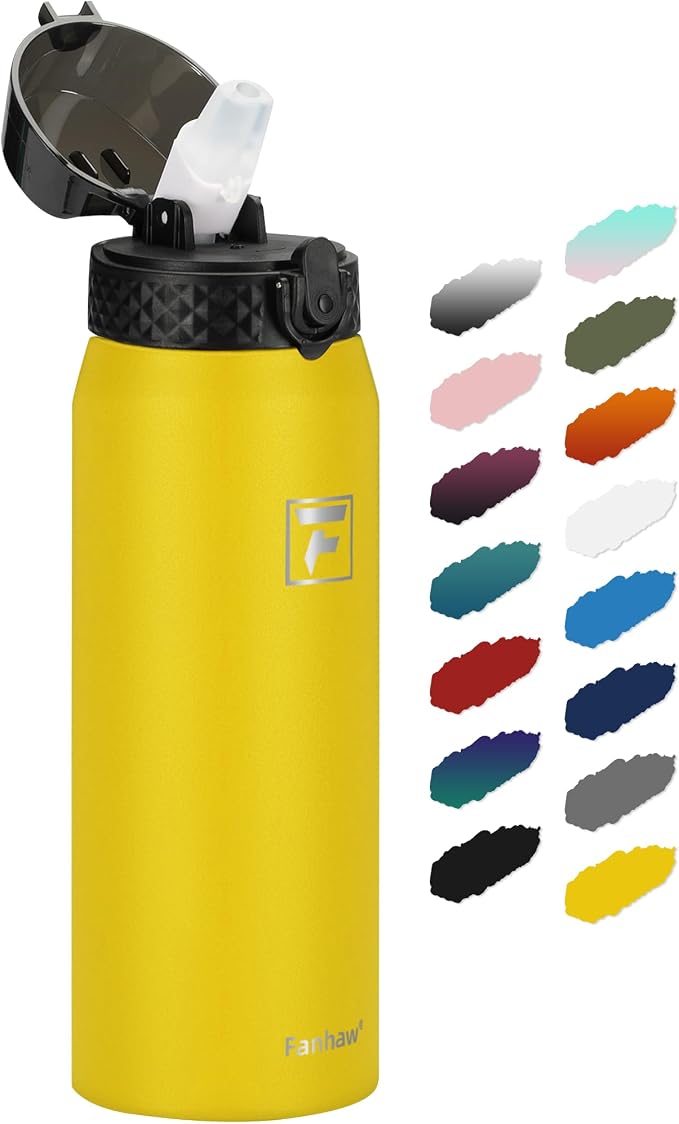 Fanhaw 24 Oz Kids Insulated Stainless Steel Water Bottle with Straw Lid, Leakproof & Anti-Dust Everyday Use Bottle for School, Women & Men, Back to School Essentials (Yellow)