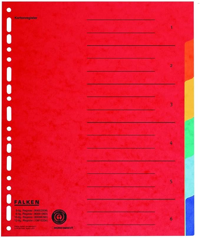 20 x Original Falken Cardboard Index Extra Wide for DIN A4+ 24.5 x 30 cm Full Height with Organisational Print 6-Piece Full Colour for Storing Brochure and Transparent Pockets