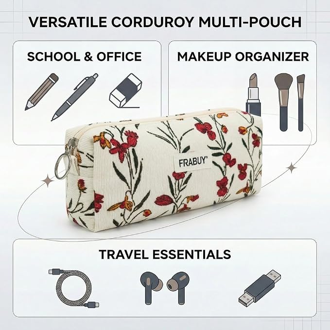 Soft Corduroy Pencil Case Pen Pouch Organizer, Small Stationery Bag | Cute begie wind flower pencil pouch, smooth zipper, daily cosmetics holder, compact organizer for school teen girls, women