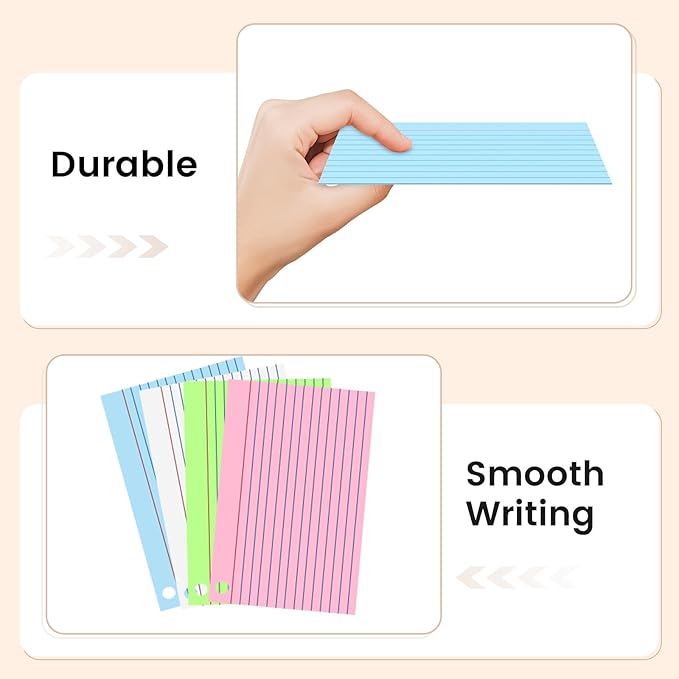 160-Pack Colored Index Cards 4x6 Inch w/Key Ring – 180gsm Heavyweight Flashcards – 4 Vibrant Colors Flash Cards (White Pink Blue Yellow) Perfect for Study, Notes & Memory, Students School Supplies