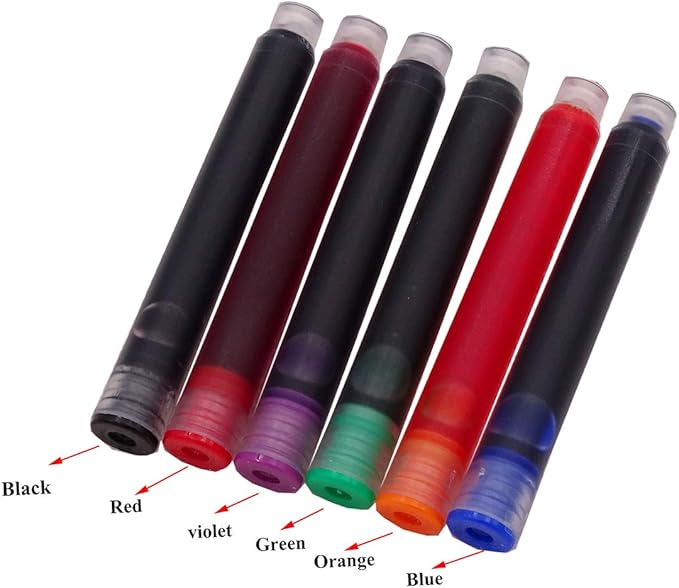 30 PCS Jinhao Fountain Pen Ink Cartridges Refill 6 Colors Set, Black, Blue, Apple Green, Purple, Red and Orange International Standard Size 2.6mm Bore Diameter