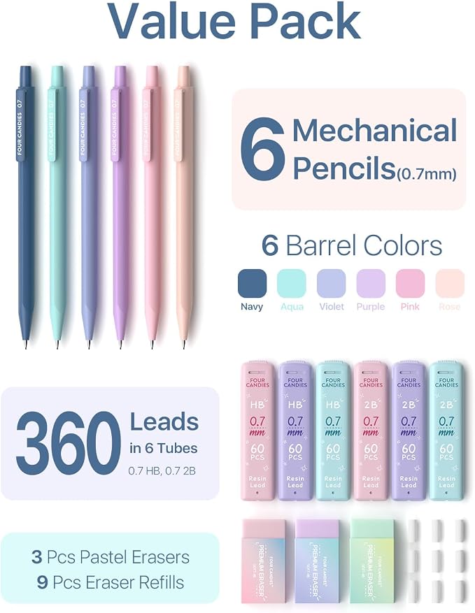 Four Candies Cute Mechanical Pencil Set, 0.7mm Medium Point, 6-Count Pack | 360 HB/2B Leads, 3 Erasers, 9 Eraser Refills, Storage Case, Pastel Barrels, Triangular Grip, for Everyday Homework & Journal