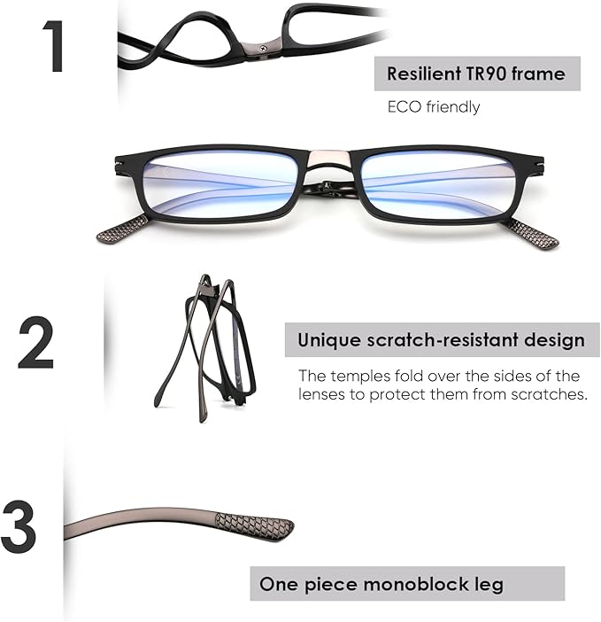 SKYOAK Evolved Folding Reading Glasses For Women Men Blue Light Blocking Anti UV Eyestrain Foldable Portable Compact Readers with Flat Hard Case Pocket Computer glasses 2.5 BLACK