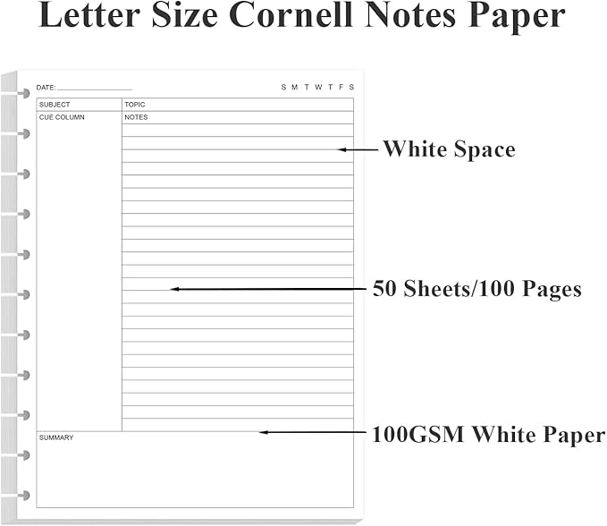 Letter Size Cornell Notes Filler Paper - 11 TUL Disc Cornell Notes Loose Leaf Paper, 50Sheets / 100Pages, 8.5'' x 11''