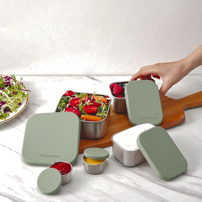 Modaniam Flexibento - Leak proof Stainless Steel Lunch Box,Lunch Containers with Lids,Steel Bento Box,Metal lunch Box,1 * 25 OZ+ 2 * 13 OZ + 2 * 2 OZ,Set Of 5,Sage Set of 5
