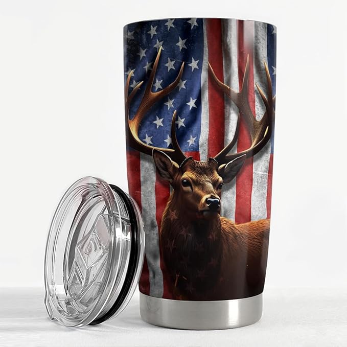 SANDJEST Hunting Tumbler Cup 20oz Deer Hunting Gifts for Men Hunters American Flag Stainless Steel Insulated Tumblers Coffee Travel Mug Hunter Gift for Birthday Christmas