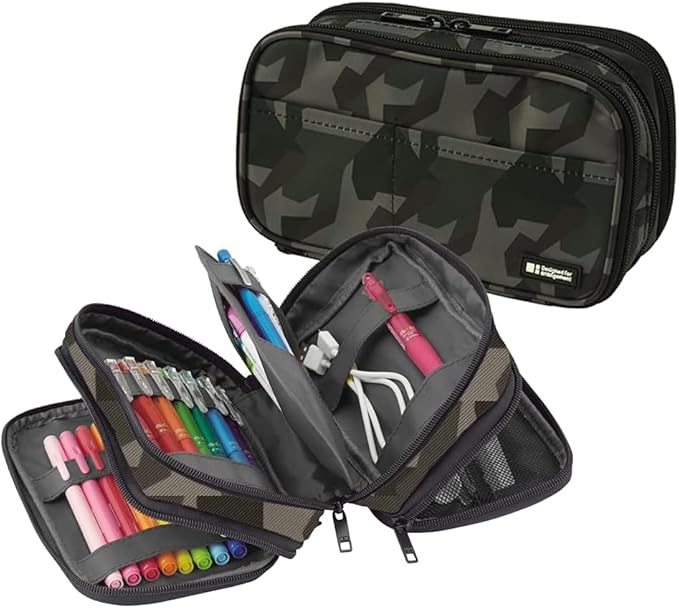 LIHIT LAB Large Capacity Triple Zipper Pencil Case For School Office College, Big Capacity 8 Compartments Pencil Bag Holder Adults Teen Boys Girls, Travel Cosmetics Storage, Green Camo (A7556-131)