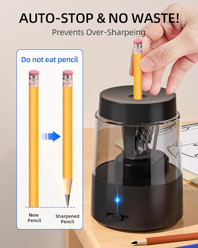 ZMOL Electric Rechargeable Pencil Sharpener, Automatic Pencil Sharpeners Kids, Battery Powered Pencil Sharpeners for Colored Pencils, Auto Stop, Suitable for No.2(6-8mm), Classroom/Home Black