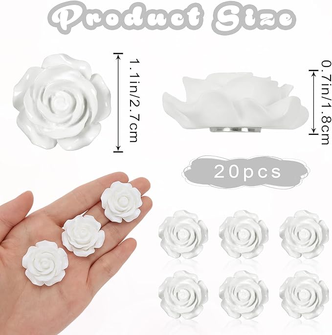 20 Pcs Rose Fridge Magnets, 1.1 Inch Cute Flower Fridge Magnets, 3D Colorful Refrigerator Decorative Magnet for Whiteboard Locker Cabinet (White-Rose)