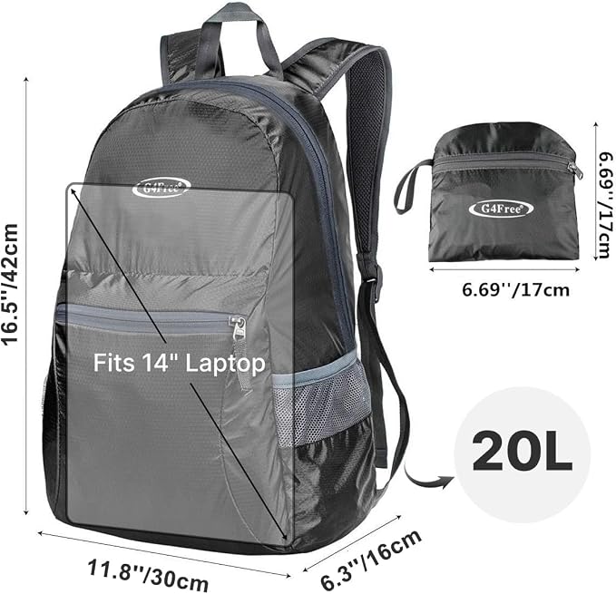 G4Free 20L Small Packable Travel Hiking Backpack for Men Women | Lightweight Foldable Waterproof Daypack for Outdoor, Black