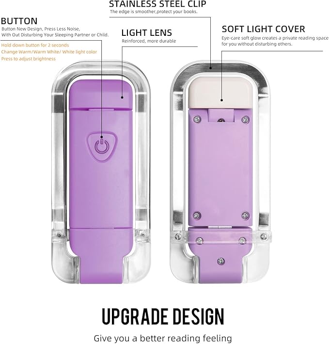 EGWASER Book Light for Reading in Bed, USB Rechargeable Clip on Book Lights, 3 Brightness Adjustable Dimmable Bookmark Light for Eye-Protection, Reading Lamp for Bookworms, Travel (Purple)