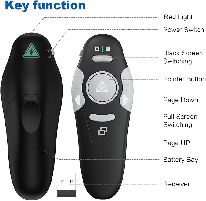 QUI 2 Pack Presentation Clicker, Wireless Presenter Remote Clicker for PowerPoint, Slide Advancer for Mac, Windows, Google Slide, Keynote (USB, Black Silver)