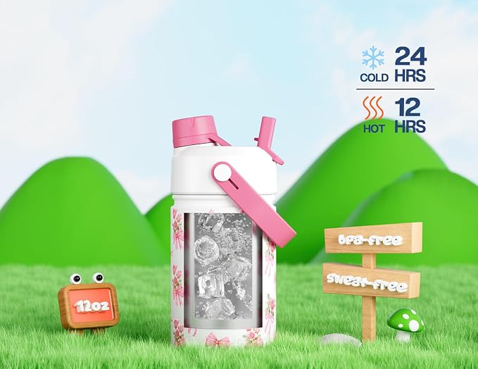 12 oz Insulated Girls Water Bottle: Spill-Proof, Stainless Steel Cup with Straw Spout Lid, BPA-Free, Cupholder Friendly, 24H Cold for Camping, School, Sports, Birthday Gift for Kids (Rosy Bouquet)