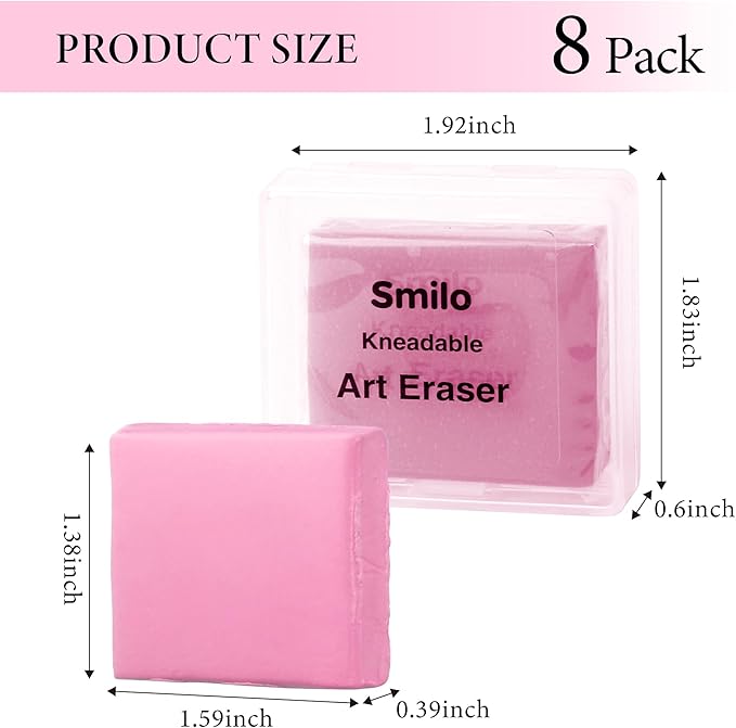 Smilo 8-Pack Pink Kneaded Erasers | Moldable & Dust-Free Putty Eraser | No Smudge Art Eraser with Case for Drawing