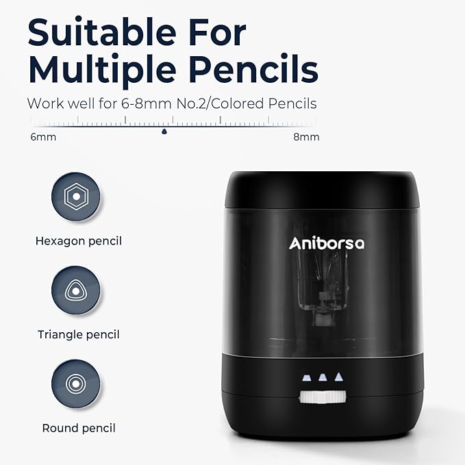 Electric Pencil Sharpener, USB & Battery Operated, Adjustable Nibs, Automatic Pencil Sharpener for Kids, Classroom, School, Home, Office, Black