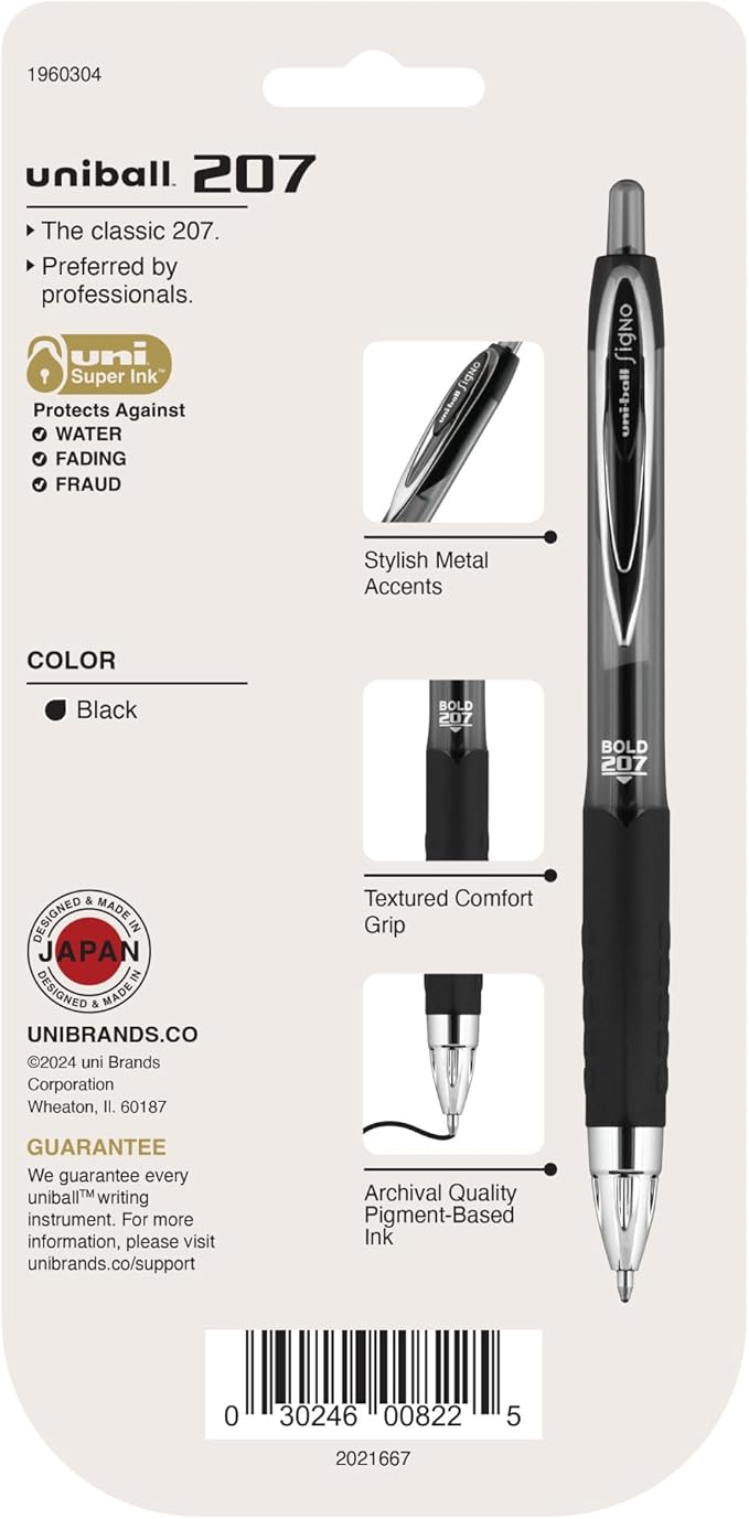 Uniball 207 Retractable Gel Pens, Bold Point (1.0mm), Black, 5 Pack