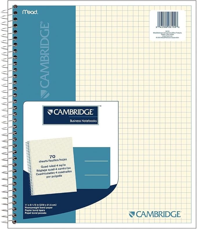 Cambridge Notebook, Business Notebook, 11" X 8.5", 70 Sheets, Quad Ruled, Wirebound, Ivory Paper (06194) (Pack of 12)