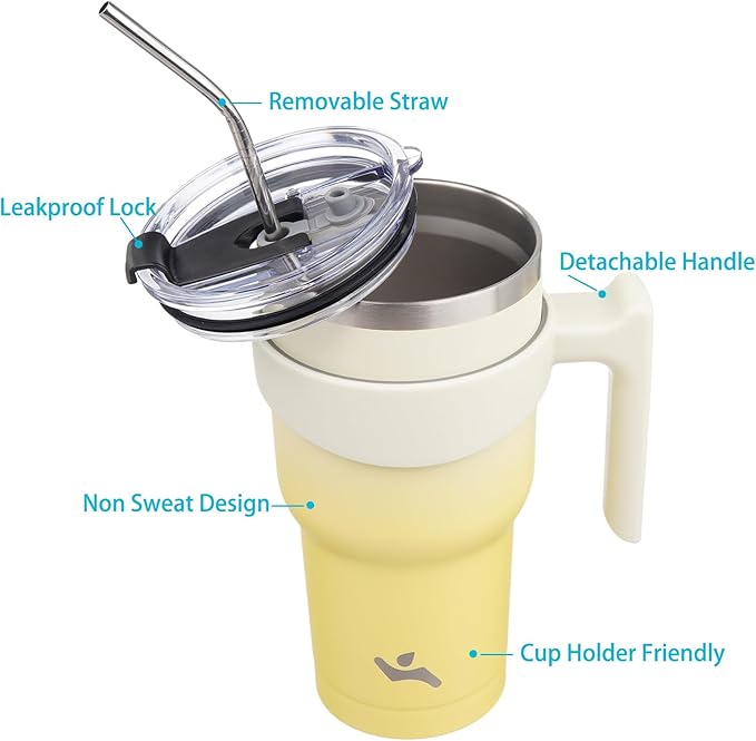 Konokyo 40 oz Tumbler with Handle and 2 Straw 2 Lid, Insulated Water Bottle Stainless Steel Vacuum Cup Reusable Travel Mug,Lemon