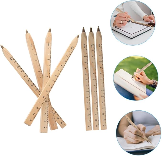 Natural Wood Ballpoint Pens with Printed Ruler 20pcs Set, Biodegradable Carpenter Woodwork Marker Pens Black for Construction and Office Use