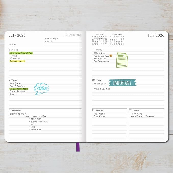 26-27 Academic Planner - Weekly and Monthly Planner, Jul 2026 - Jun 2027, Vegan Leather Cover, Elastic Closure, 7”x9.25”, Purple