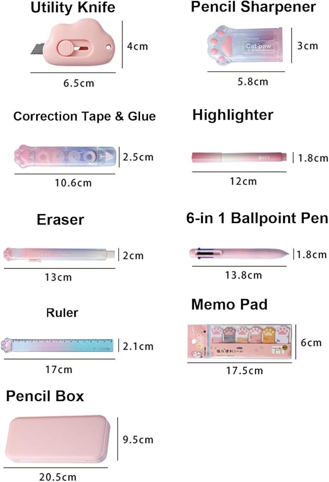 MOZXIRZ 9 Pcs Cute Pink Stationery Set Cat Paw School Supplies Kawaii Office Supplies Including Pens Pencil Sharpener Highlighter Eraser Correction Tape Ruler Utility Knife (Cat Paw-Pink)